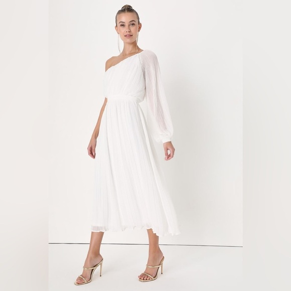 Size L Lulus Always Loving You White Pleated One-Shoulder Midi Dress - Picture 6 of 9